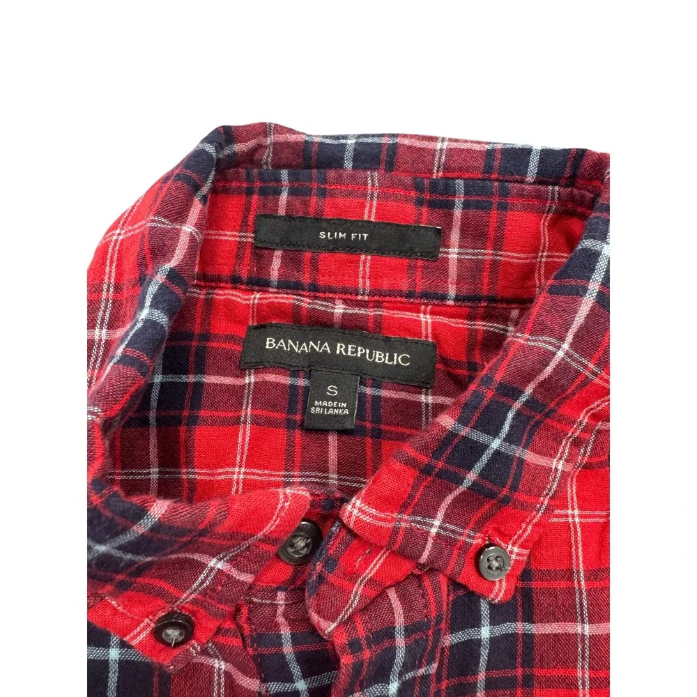 Banana Republic Mens Slim Fit Red Blue Plaid Flannel Button Down Shirt Small